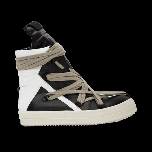 RICK OWENS GEOBASKET “TECUATL” TWO-TONE LEATHER HIGH TOP SNEAKERS - BLACK-WHITE