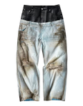 Destroyed PU Patch Double Waistband Jeans