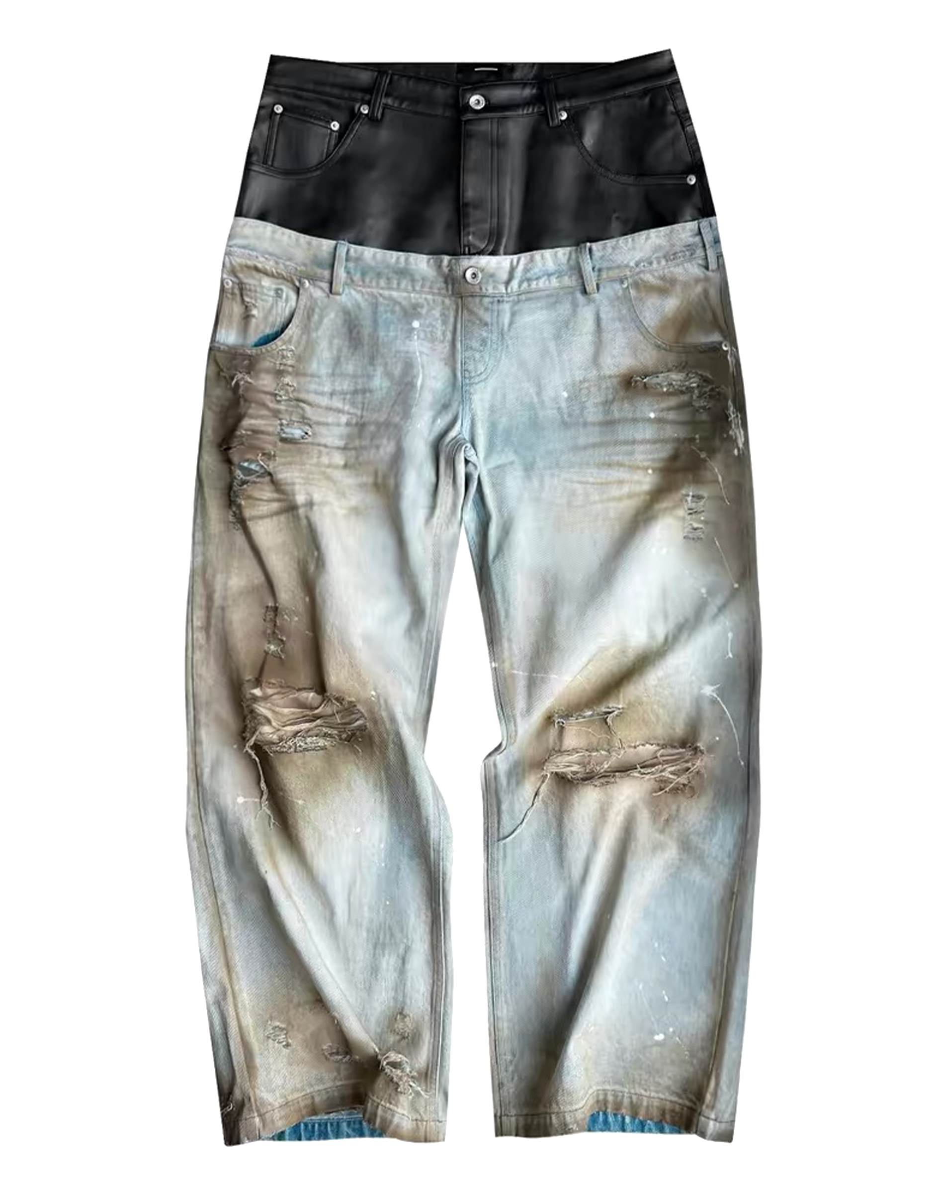 Destroyed PU Patch Double Waistband Jeans