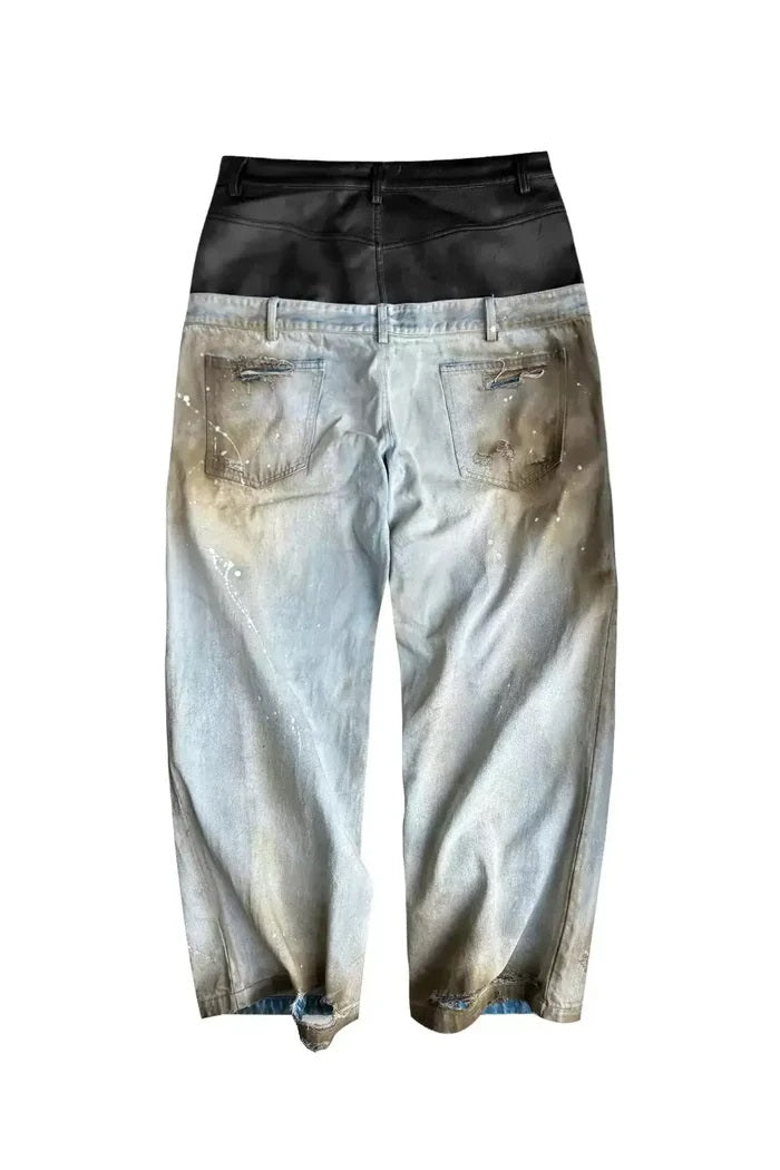 Destroyed PU Patch Double Waistband Jeans