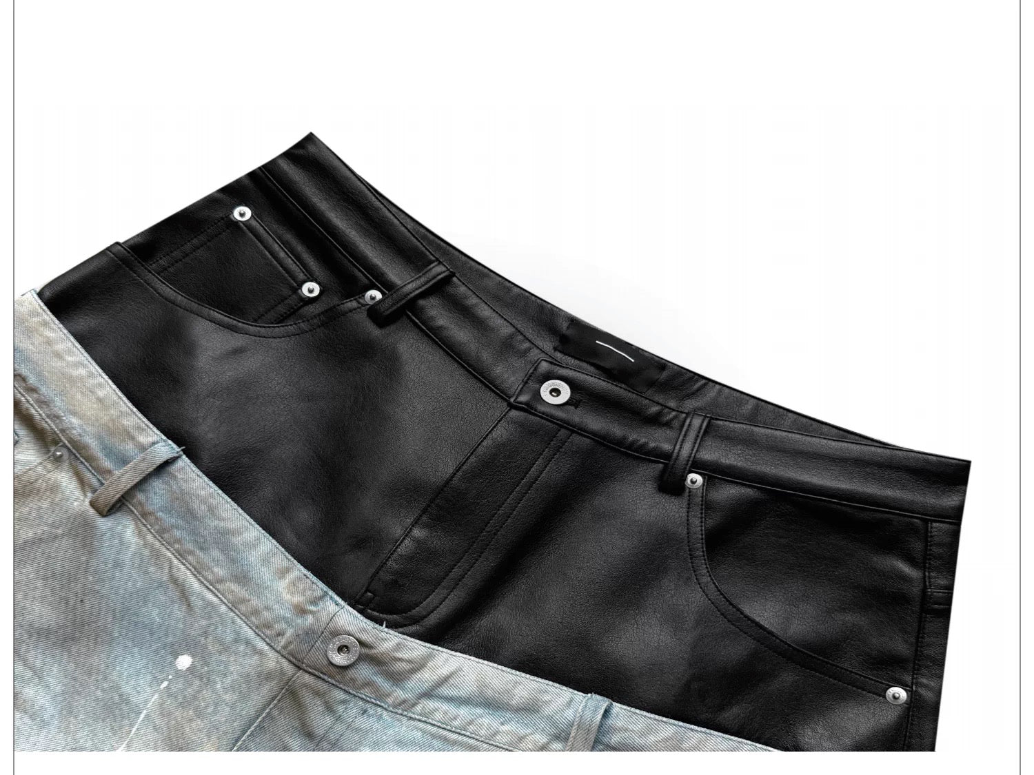 Destroyed PU Patch Double Waistband Jeans