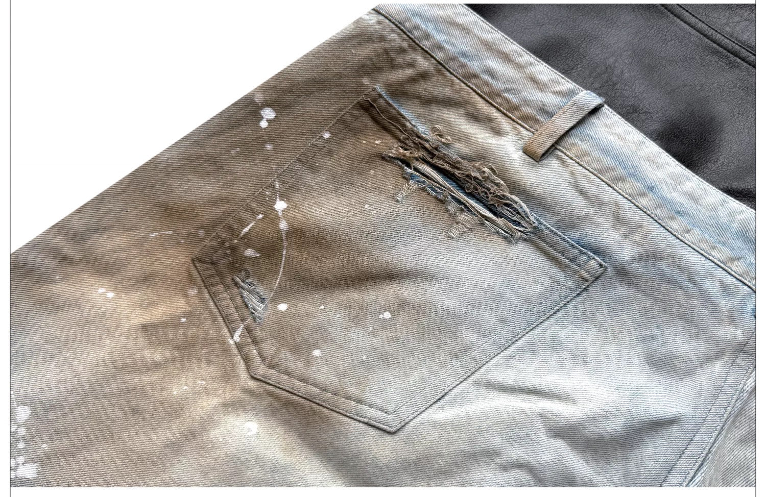 Destroyed PU Patch Double Waistband Jeans